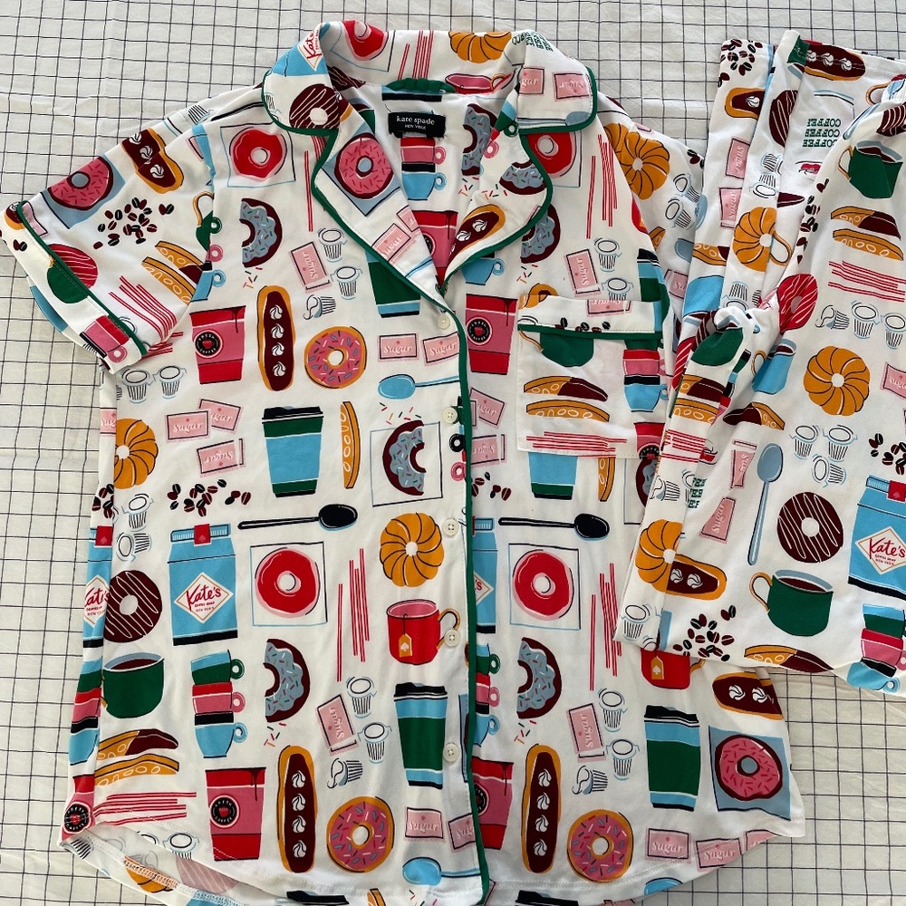 NWOT ~ Kate Spade Donuts And Coffee Pajama Notch Collar Set ~ SMALL